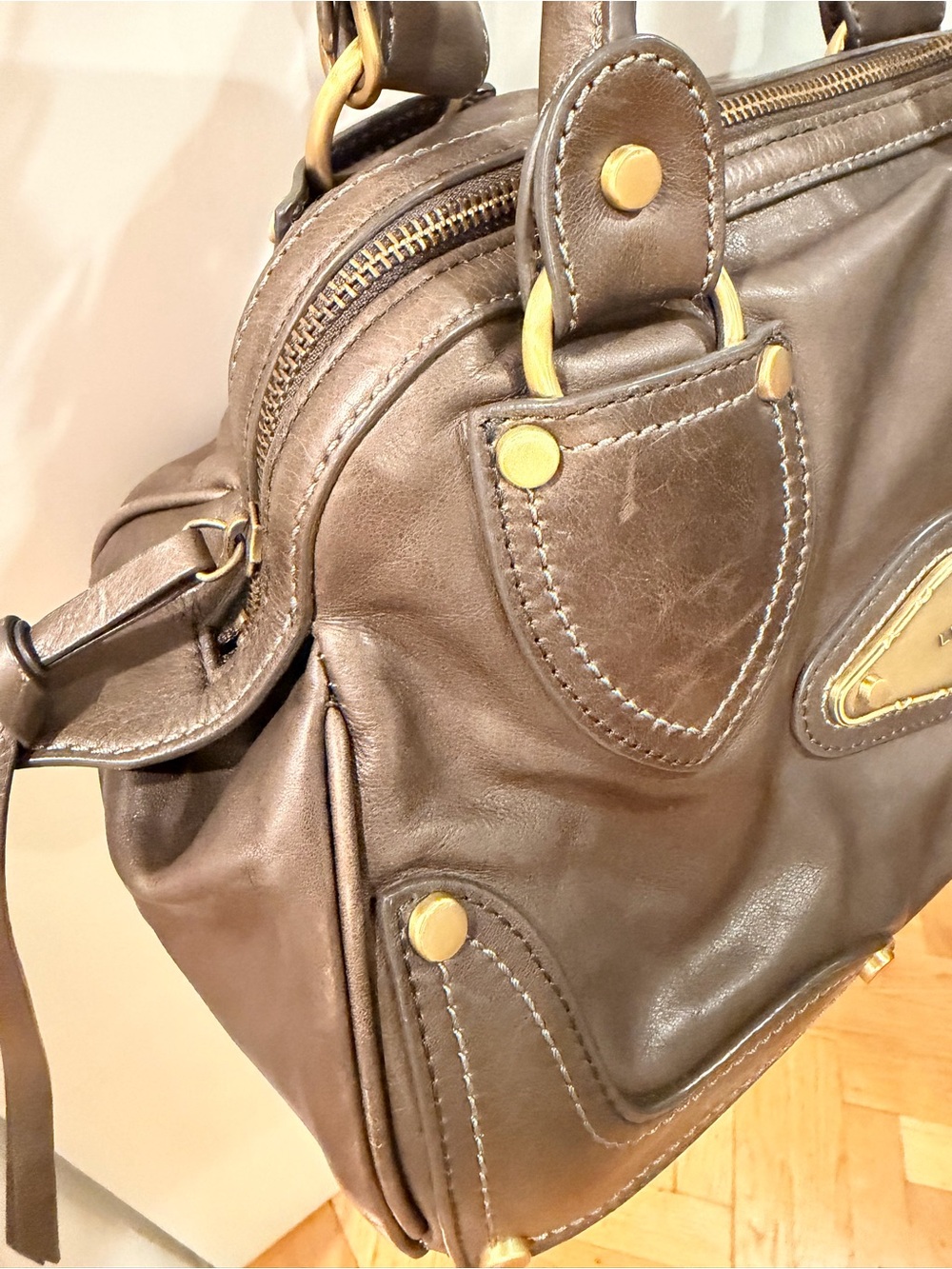 Luana Italian Leather Satchel Dark Olive Brown Chain Strap Top Handle - Picture 6 of 13